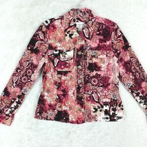 Christopher & Banks Womens Jacket Corduroy Floral Pink Multi Button Front S